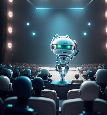 a cute robot alien presenting in front of a group of other robot aliens