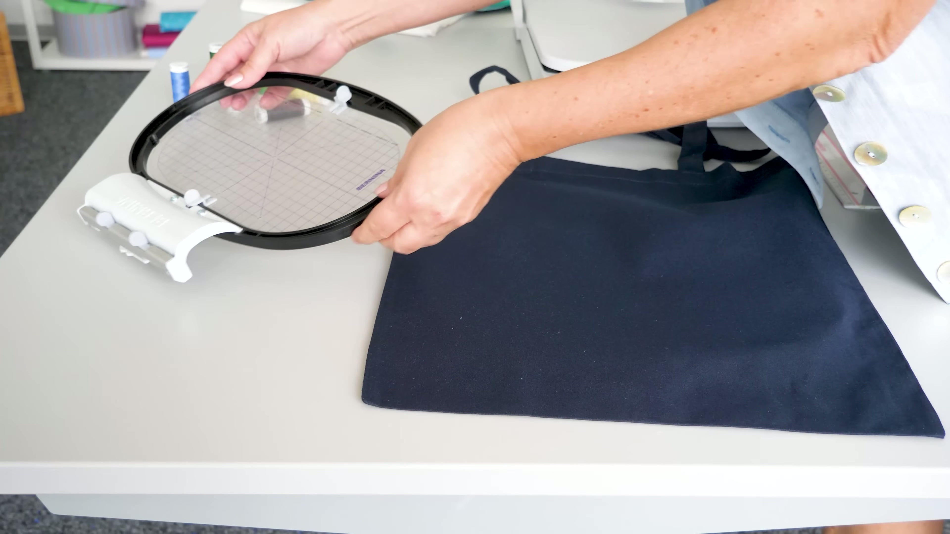 video on how to use the large freearm embroidery hoop from Bernina