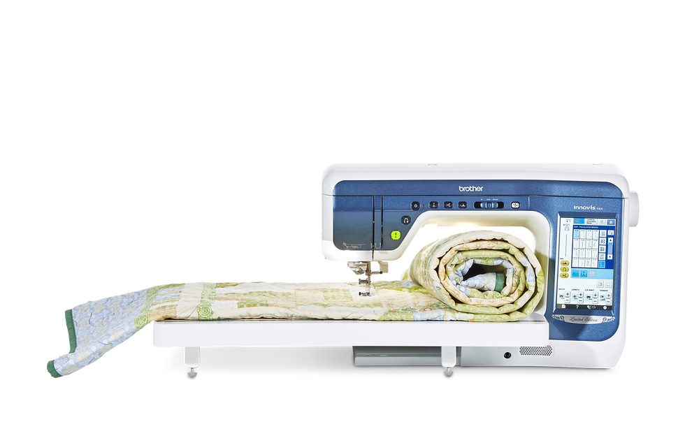 Thumbnail: Extension table and large quilt rolled up on Brother V5LE machine