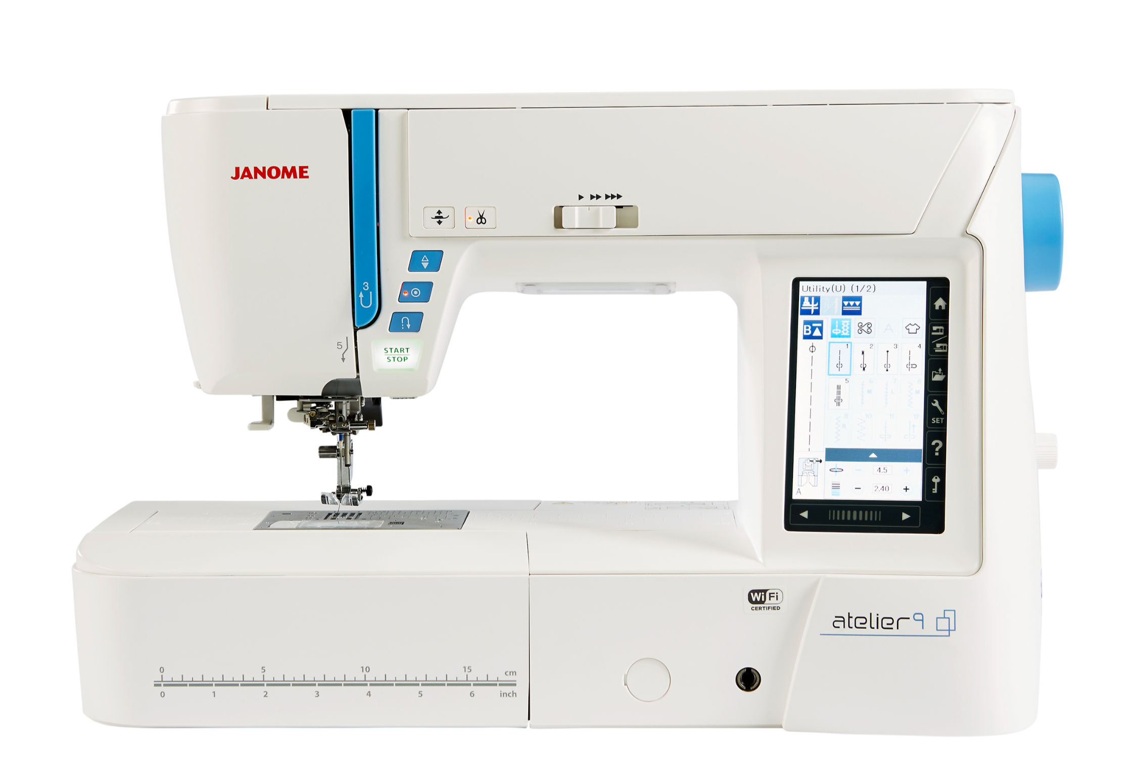 front view on Atelier 9 Janome sewing and embroidery machine