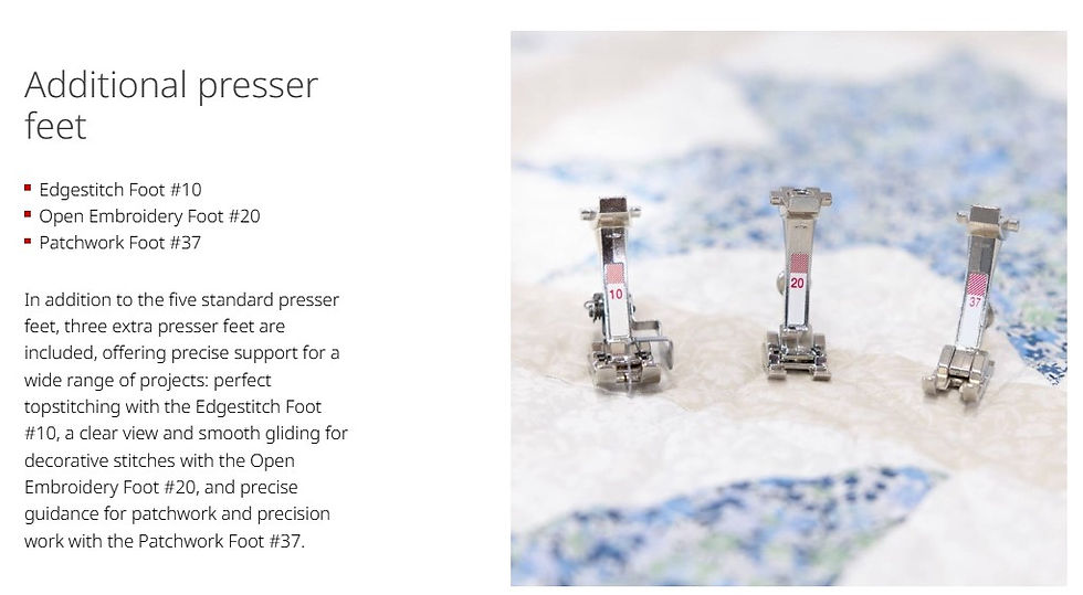 Thumbnail: Three extra feet included with the Liberty Edition Velasco Meadow B 495 sewing machine