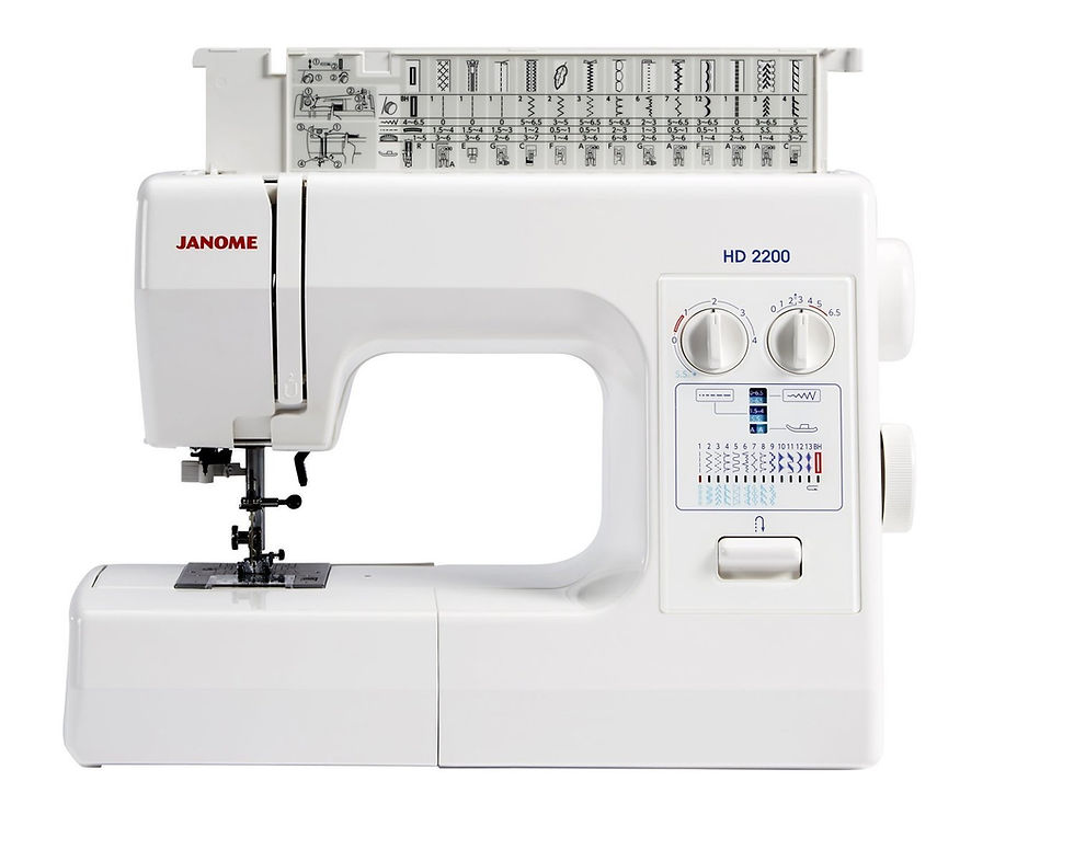 Thumbnail: front of Janome HD 2200 with top cover opening displaying technique reference.
