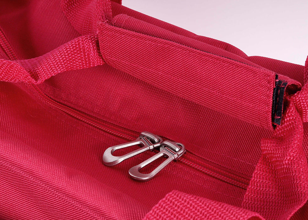 Thumbnail: close up of handles and main zip on plain red sewing machine bag from hobbygift