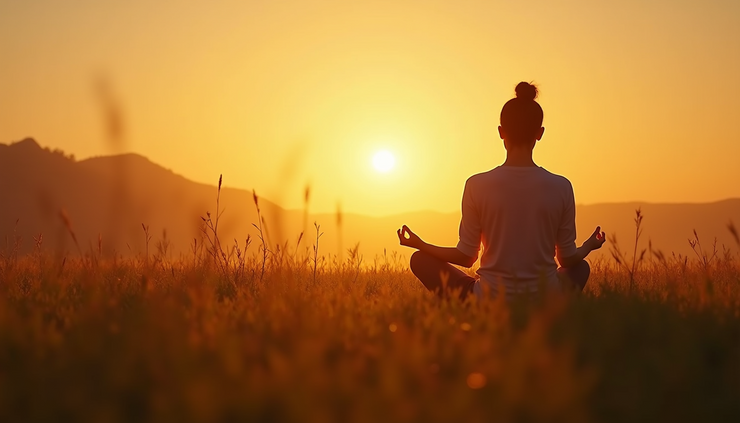 Close-up view of a person meditating on a grassy field during sunset
