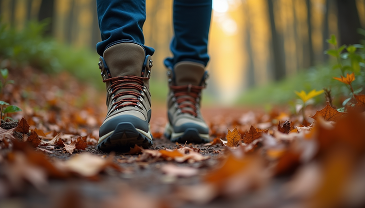 Close-up view of colorful hiking boots on a forest trail covered with fallen leaves