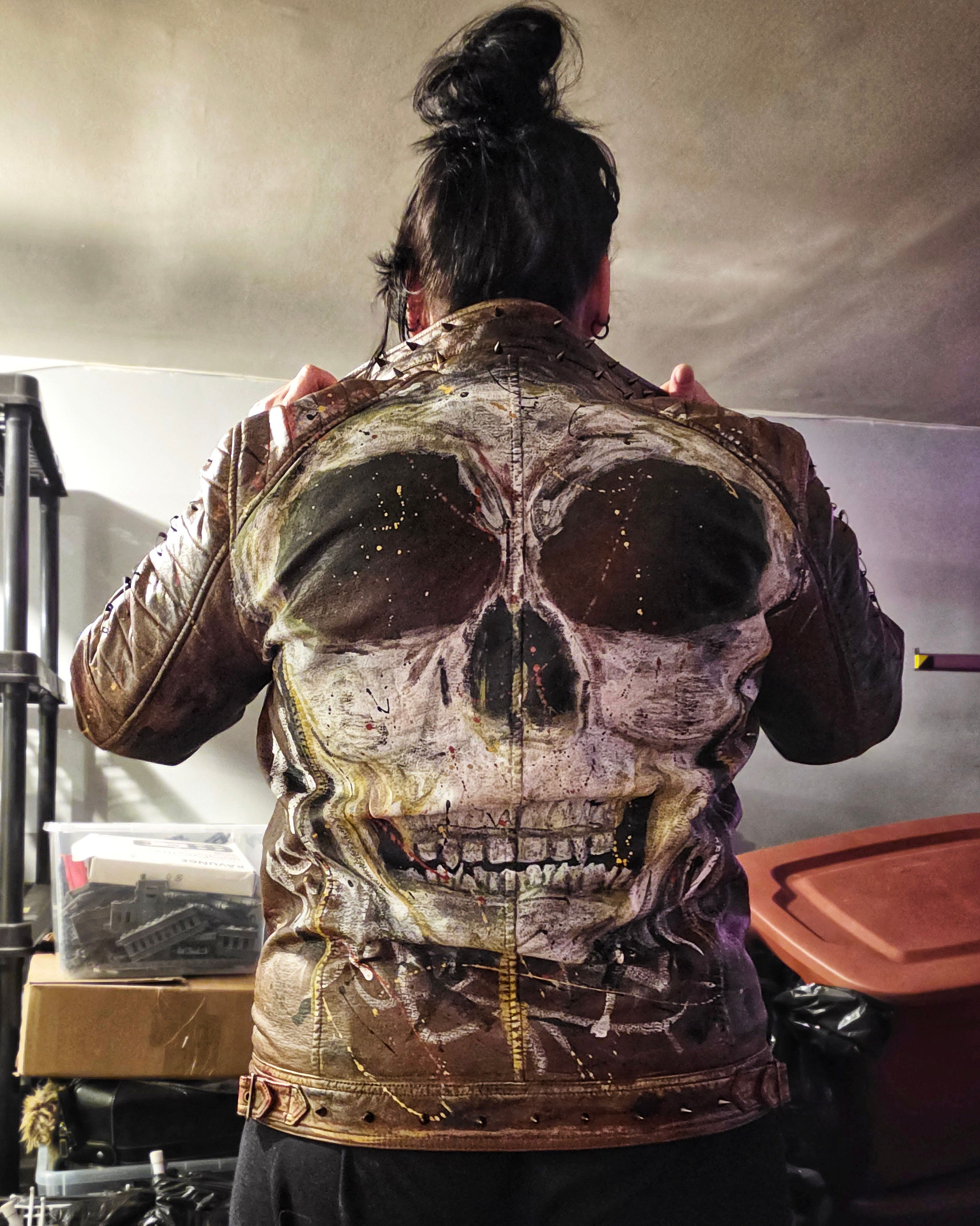 "Fuck The System" Post-Apocalypse Custom Paint Men's Brown Faux Leather Jacket
