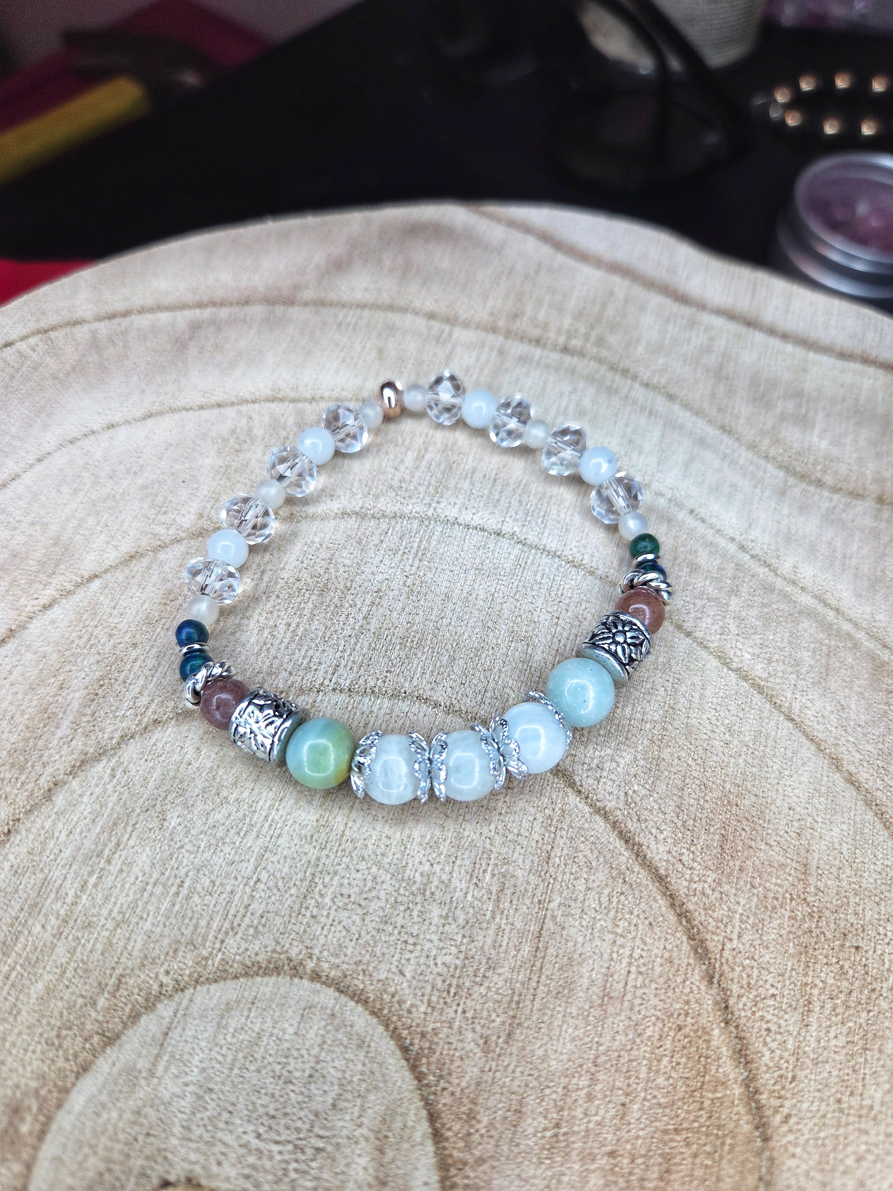 Amazonite, Moonstone, Chrysocolla & Strawberry Quartz Stretch Beaded Bracelet