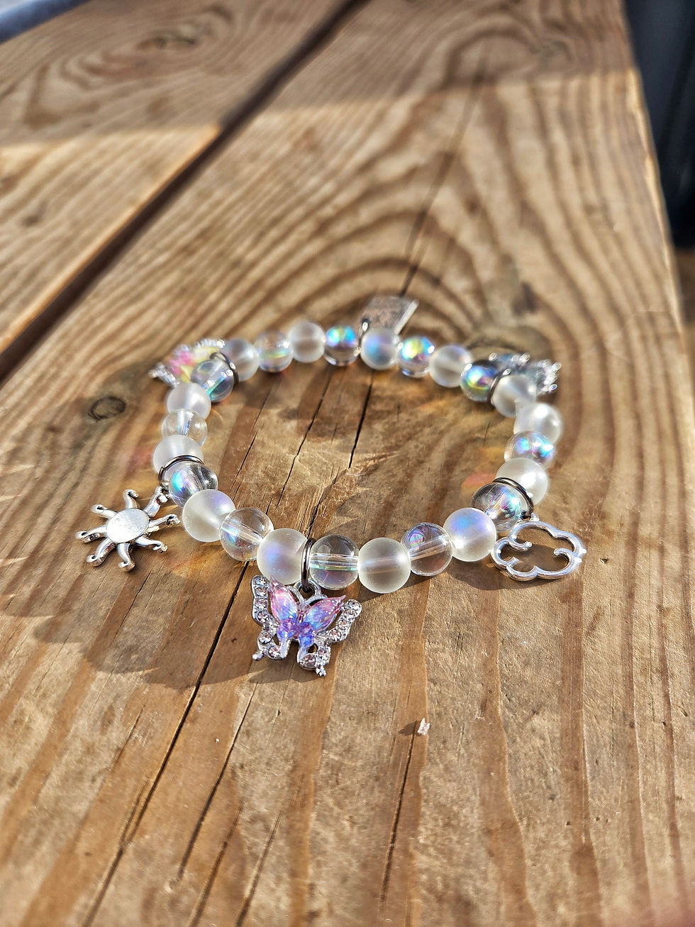 "Find Joy In The Journey" Glitter Glass Stretch Bead Bracelet with Metal charms