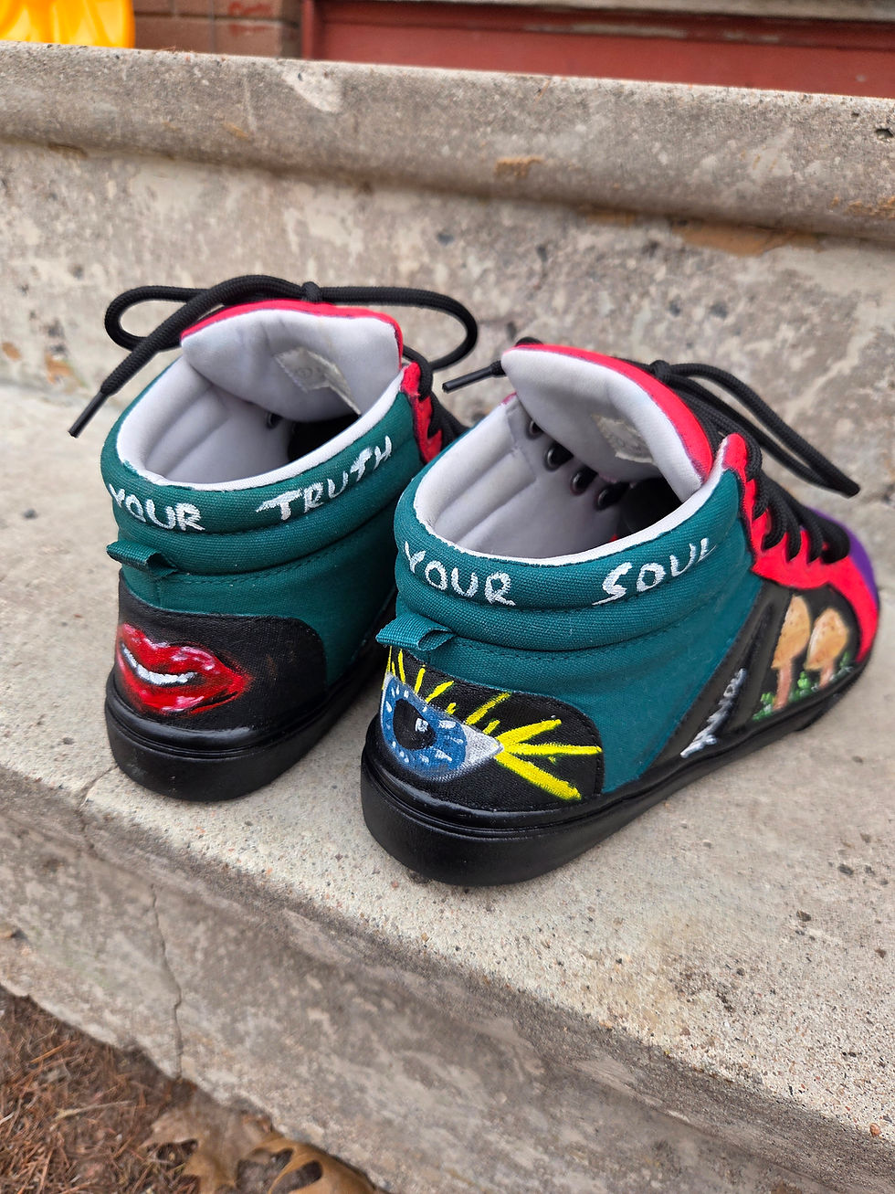 Bold Custom Upcycled Hand-Painted Shoes With Symbolic Boho Neon Art