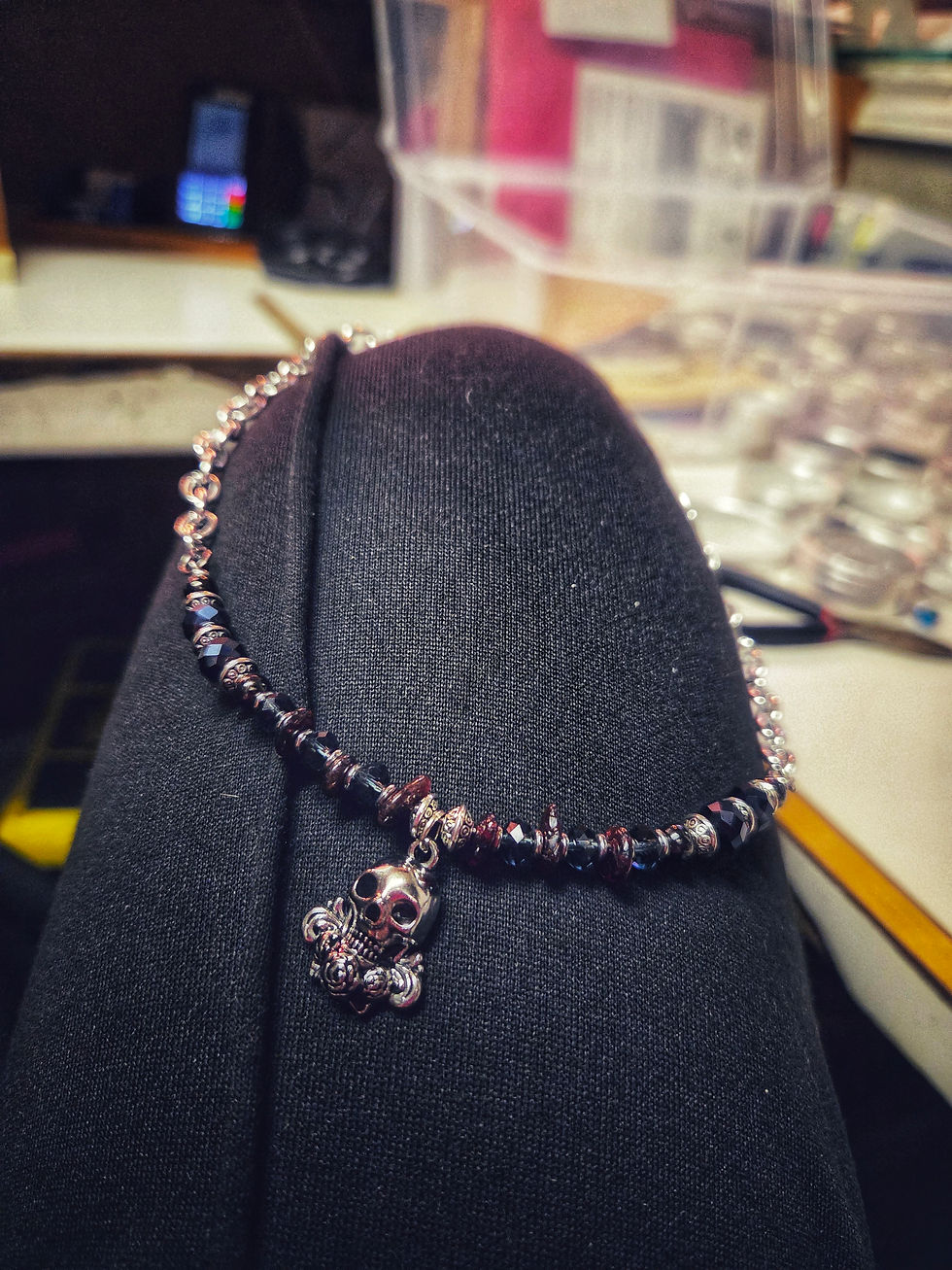 Thumbnail: Metal Chain Skull Pendant & Garnet Gemstone Beaded Necklace 