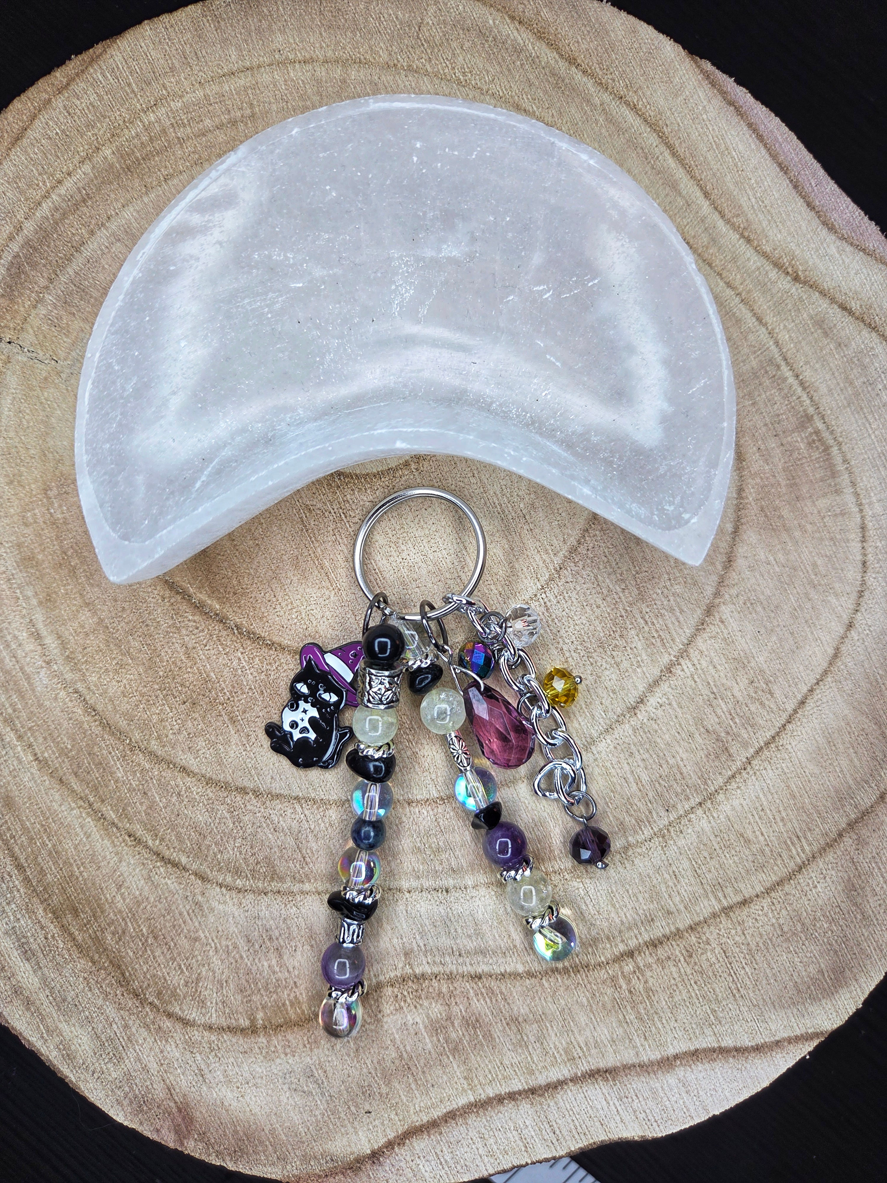 Witchy Cat Keychain — Citrine, Amethyst, Sodalite & Obsidian with Glass Beads