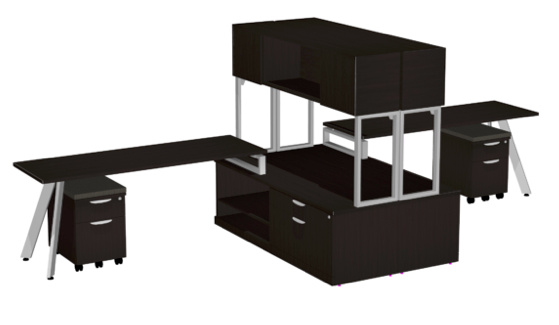 Thumbnail: Elements V Leg Dual L Workstations w/ Low Storage and Hutches 72″ x 144″