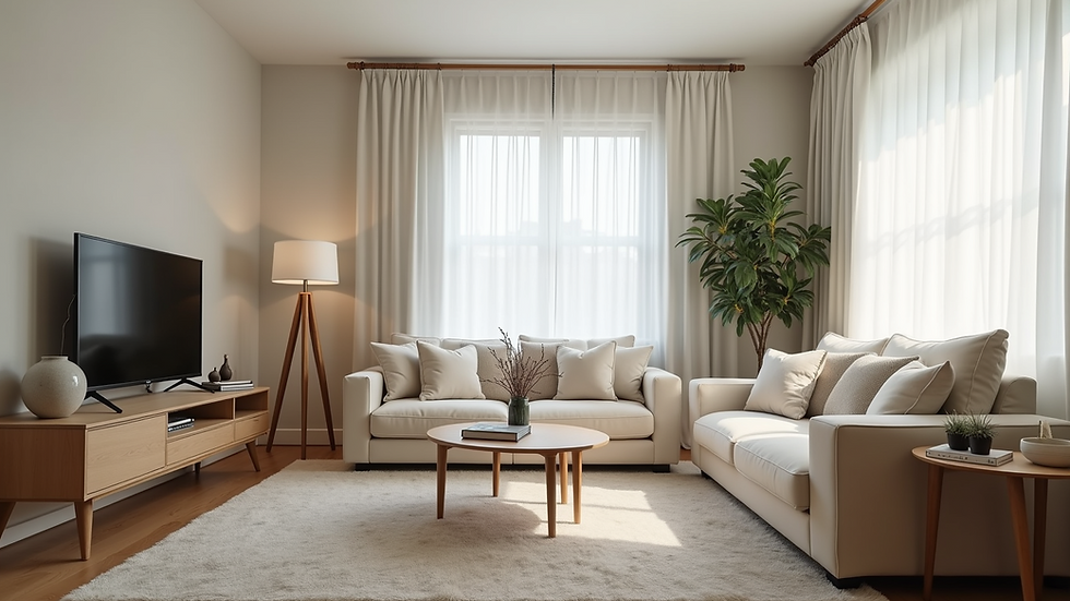 Eye-level view of a tidy living room with minimal furniture