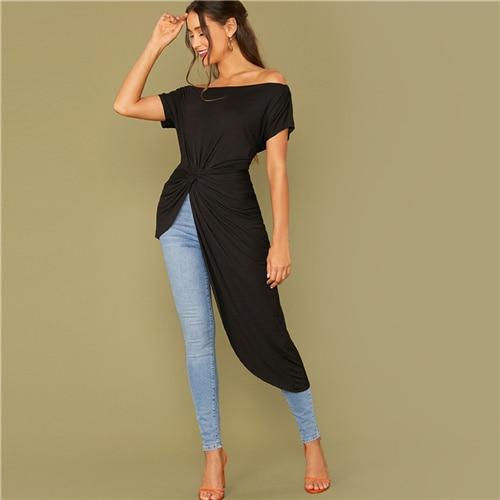 Thumbnail: Black Off Shoulder Twist Front Asymmetrical Hem Bardot Top