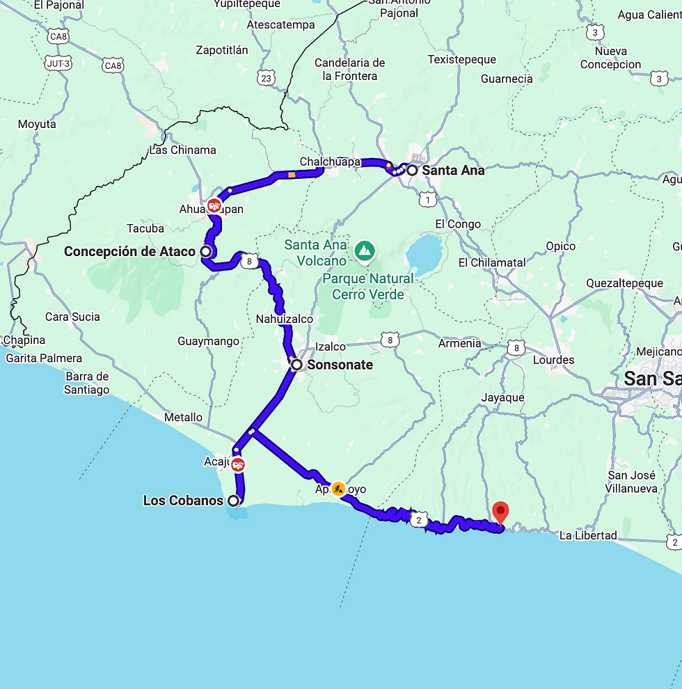Santa Ana to El Zonte motorcycle route