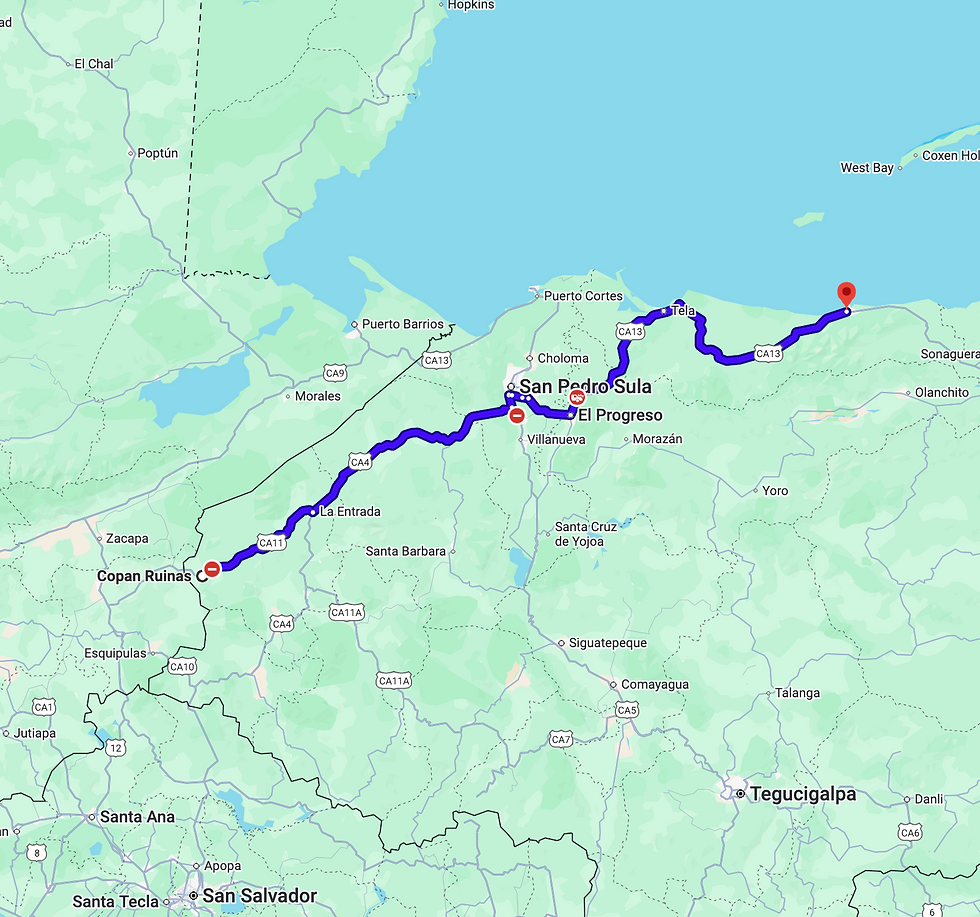 Copan to La Ceiba motorcycle route