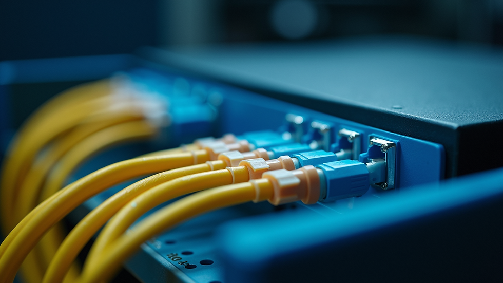 Eye-level view of fiber optic patch panel with multiple adapters