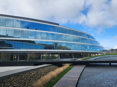 Morris Hansen High Access Team Cleaning windows from Bosun chair on 2/12/2024 at the Expedia Seattle Campus Headquarters.