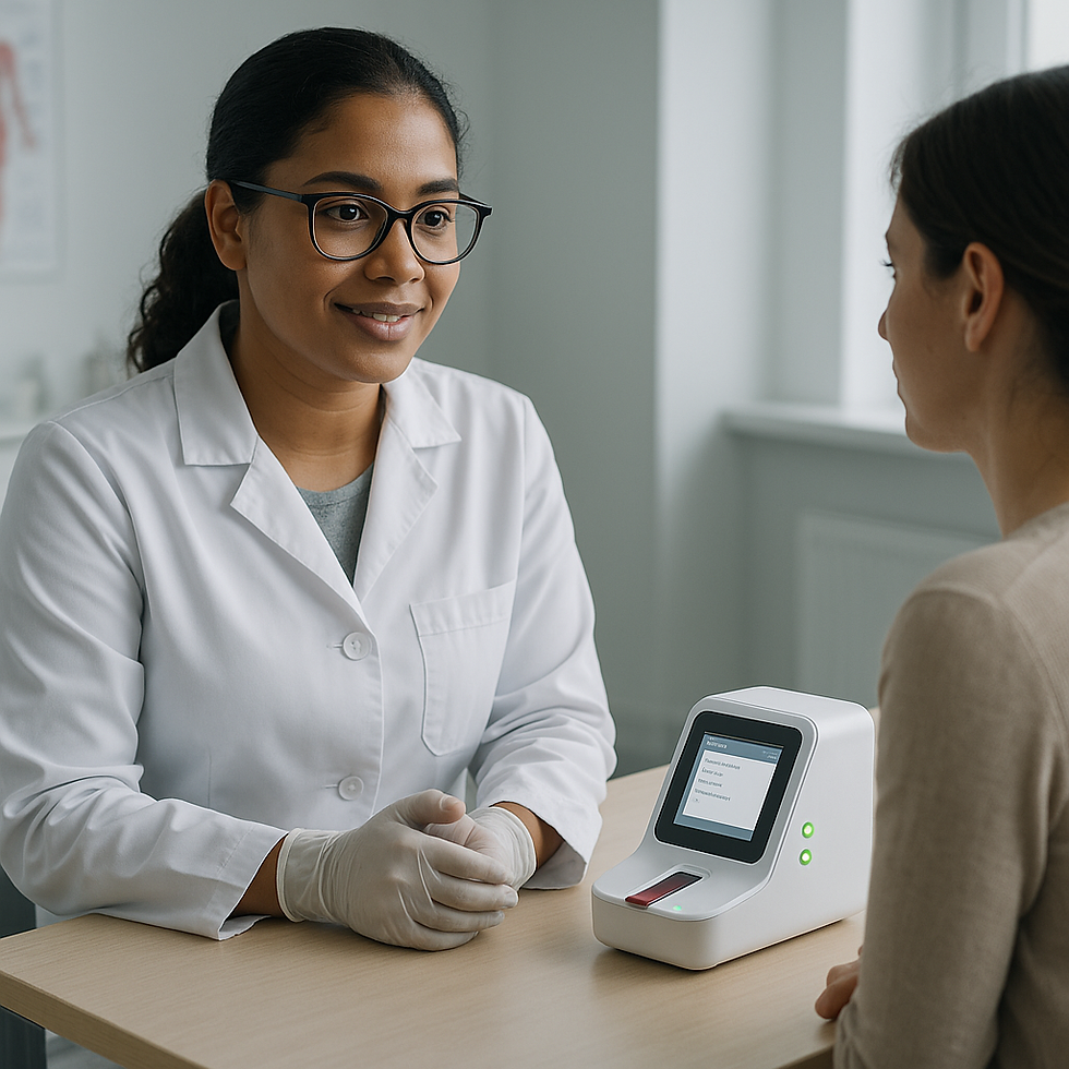 Farmacêutica realizando exame clínico com um PoCT