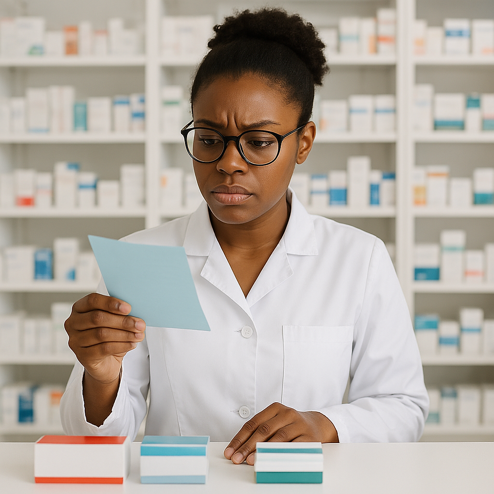 Farmacêutica negra lendo uma prescrição médica.