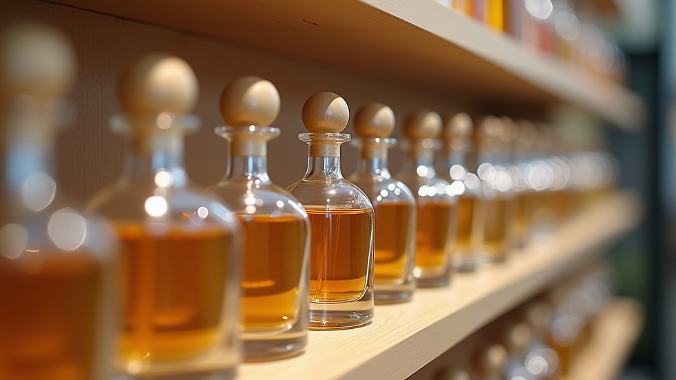 Eye-level view of perfume bottles arranged neatly on a store shelf