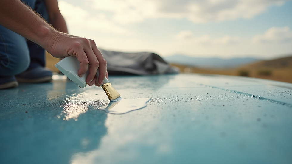 Close-up view of an RV roof with a protective sealant being applied