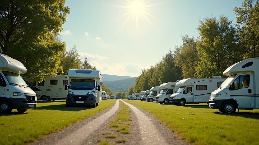 Eye-level view of a spacious RV site with greenery and a parked RV