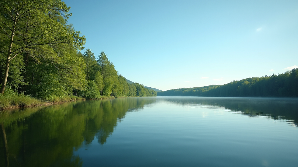 Eye-level view of a peaceful lakeside with green trees and a clear blue sky