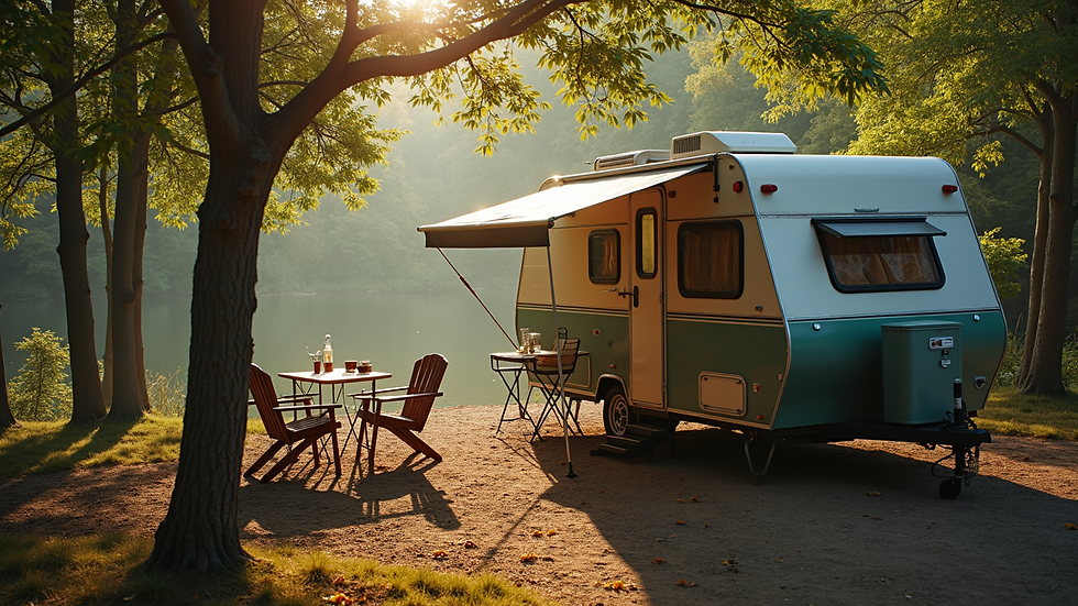 High angle view of a camper setup with chairs and a small table under trees