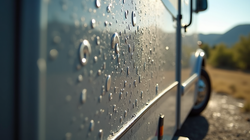 Eye-level view of an RV being cleaned and waxed outdoors