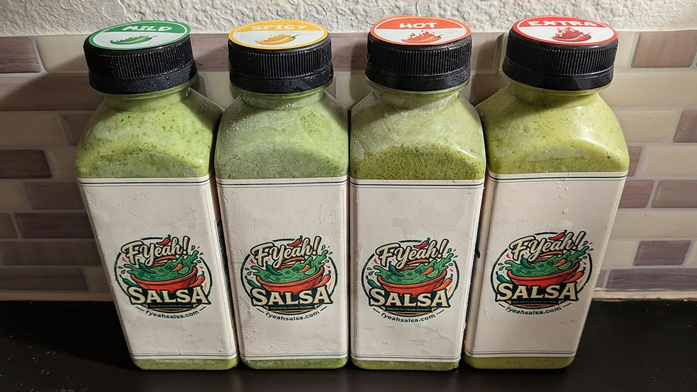 A picture of local craft salsa in 4 different heat-level variants.