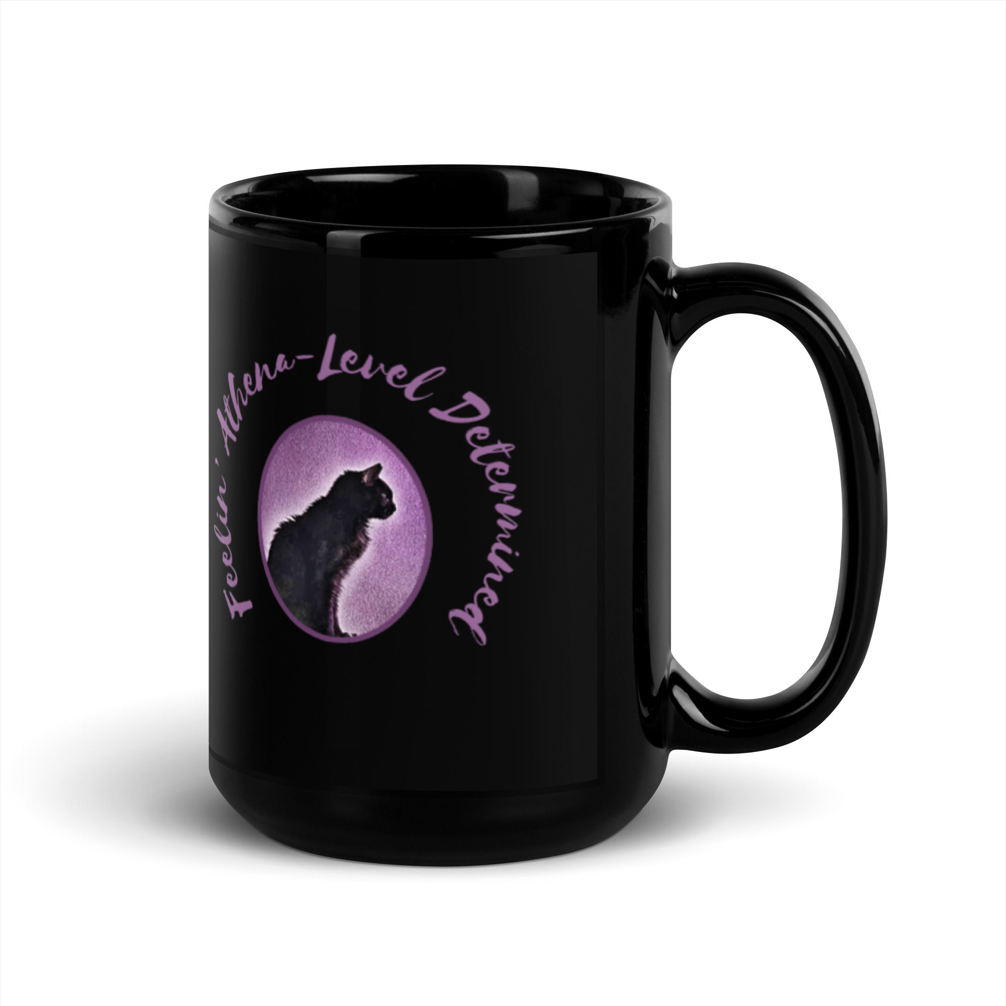 black glossy 15 oz mug right face black cat Athena Determined