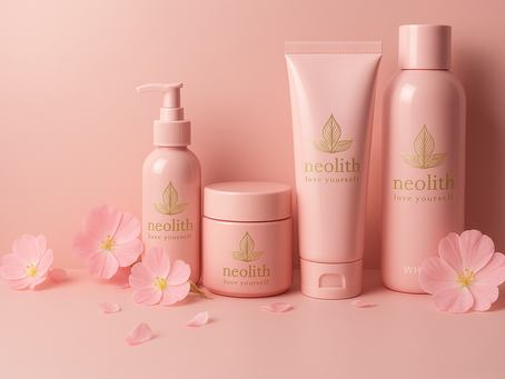 Pink skincare products labeled "neolith love yourself" on a pink background with pink flowers. Calm, soothing aesthetic.