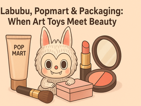 Cute character with makeup items: lipstick, powder, brush. Text reads "Labubu, Popmart & Packaging: When Art Toys Meet Beauty." Soft pink tones.