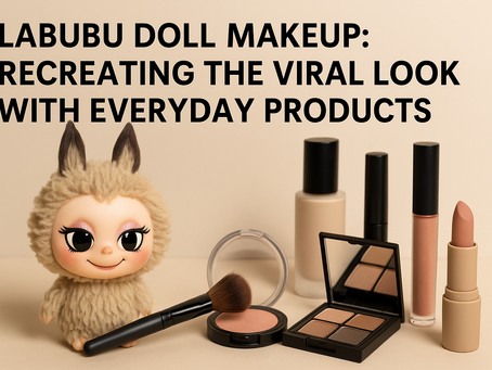 Toy figure, makeup products, and brush on beige background. Text: "Labubu Doll Makeup: Recreating the Viral Look with Everyday Products."