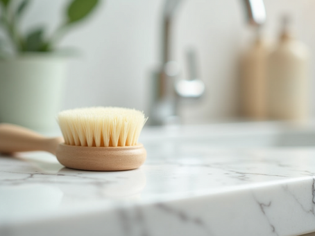 Close-up view of a facial cleansing brush on a marble counter