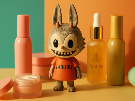 Toy figure with large eyes and an orange shirt labeled "LABUBU" stands among skincare bottles against a colorful teal and orange backdrop.