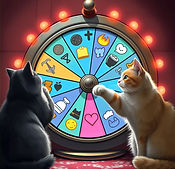 Cats spinning a prize wheel, the prizes