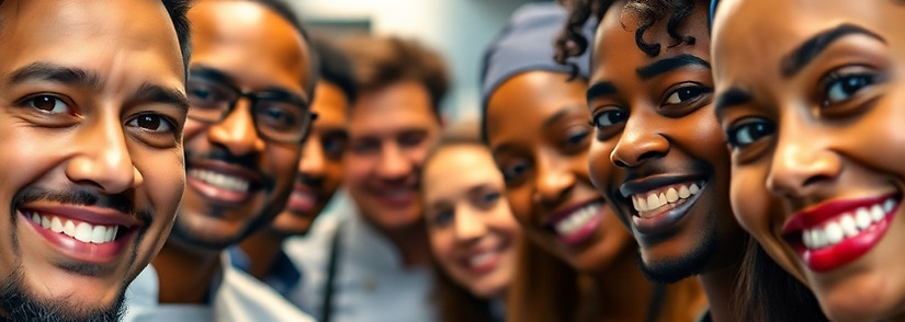 A tight close-up shot of a diverse culinary staff smiling inside a commercial kitchen, ren
