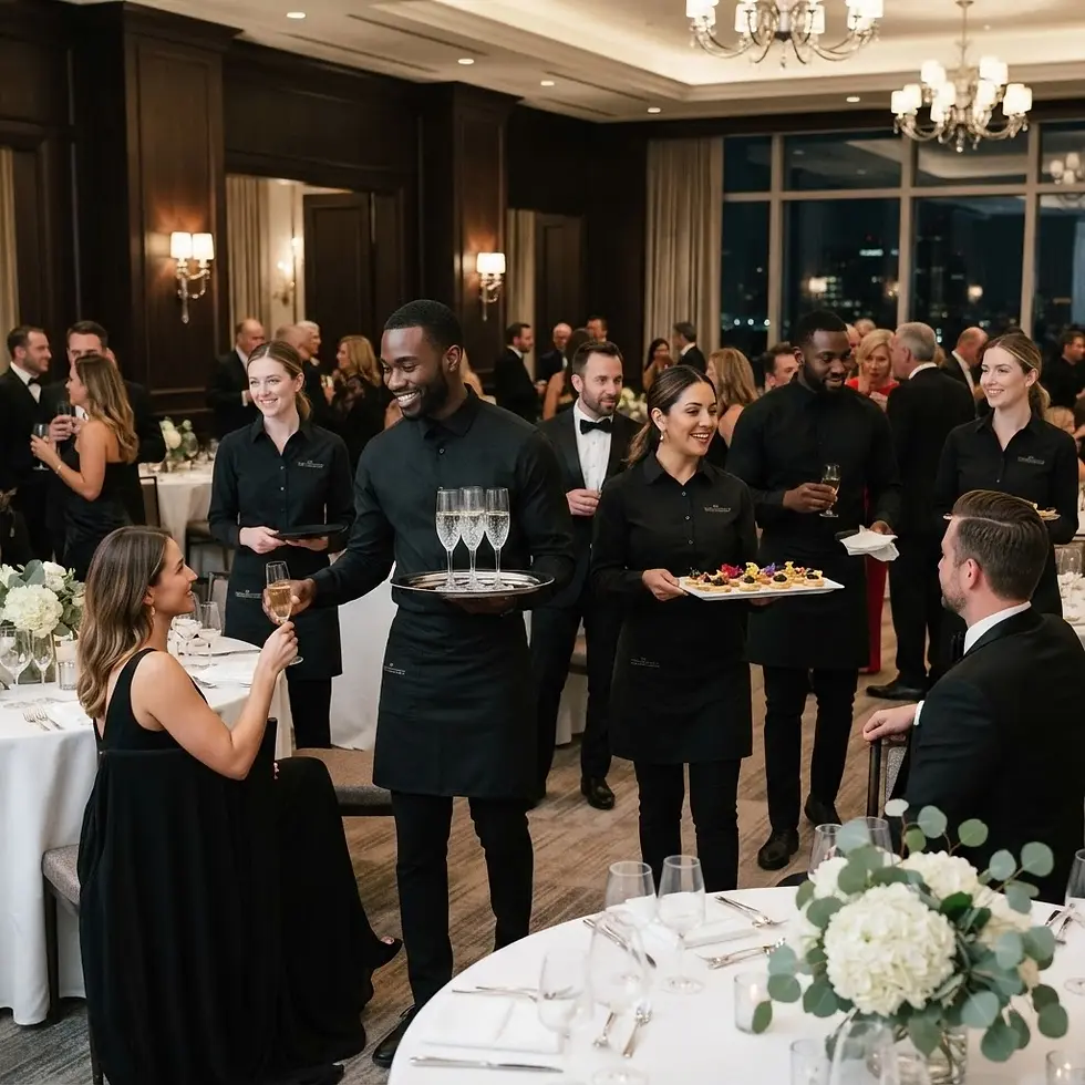 Professional event staff serving drinks at a Brooklyn event