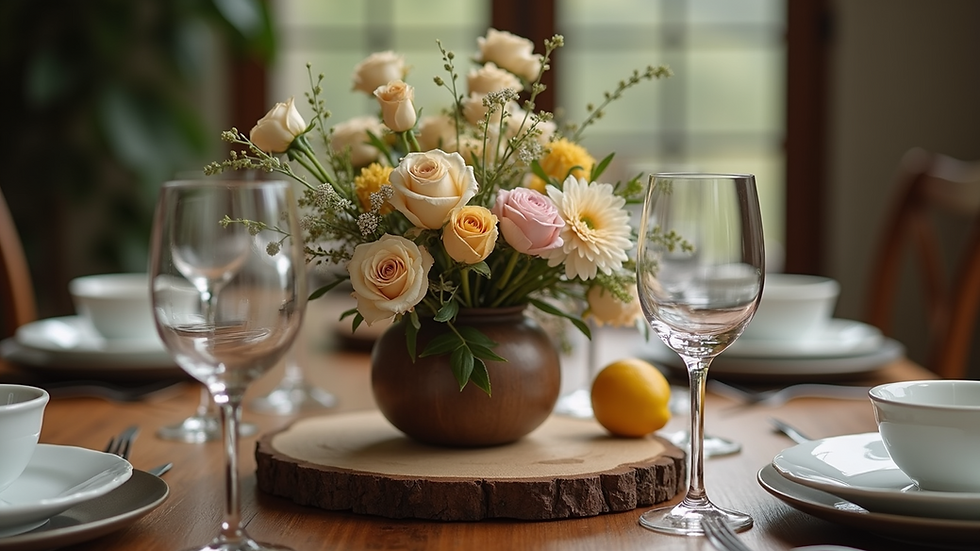 Close-up view of a rustic wooden centerpiece with flowers