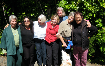 From left: Bettina Aptheker, Che Sandoval, Helene Moglen, Megan Boler, Sharon Traweek, Donna Haraway, Zoe Sofoulis. 
Photo credit: Not applicable.
