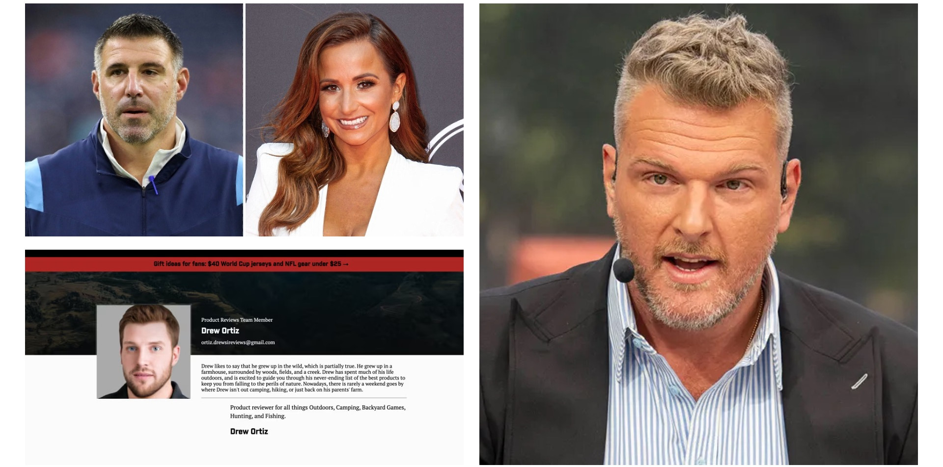 From left: New England Patriots head coach Mike Vrabel, NFL reporter Dianna Russini; Pat McAfee; and an AI-generated bio on Sports Illustrated's website.
