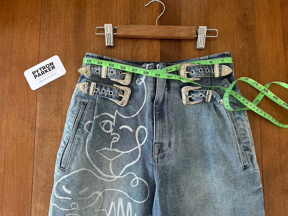 Thumbnail: Silver Faces w/ Belt Buckles Denim Pants