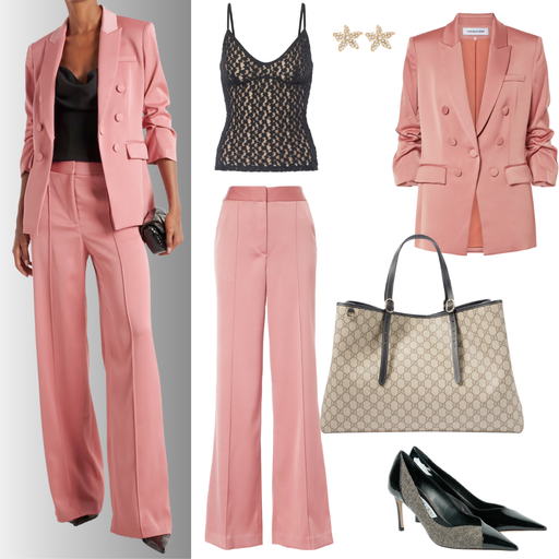 Salmon coloured suit paired with grey and black accessories.