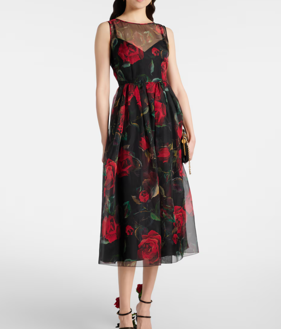 Floral silk cocktail dress. Seen at: https://www.mytheresa.com/ch/en/women/dolce-gabbana-floral-silk-cocktail-dress-multicoloured-p01008535