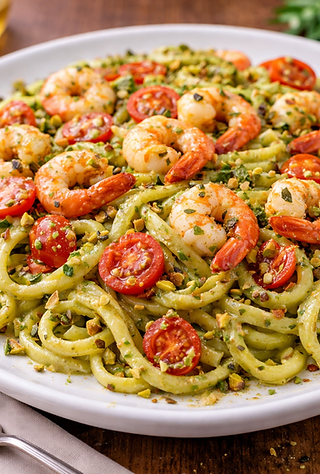 Sciatielli pesto di pistacchio dell'etna, gamberi, pomodorini
