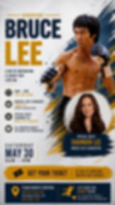 Bruce Lee tribute poster with martial artist pose, Shannon Lee portrait, and event details for May 30 fundraiser.