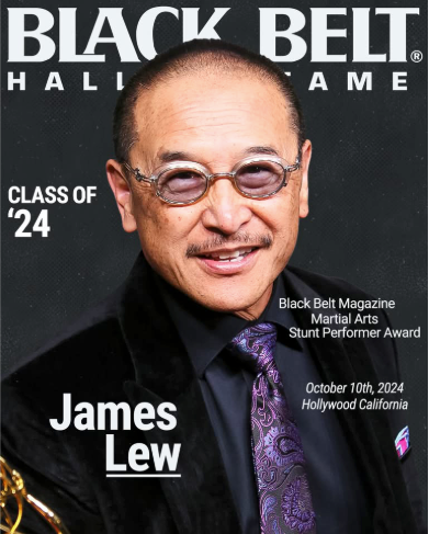 Magazine cover of James Lew smiling in glasses and black suit, with Black Belt Hall of Fame, Class of ’24, and award text.