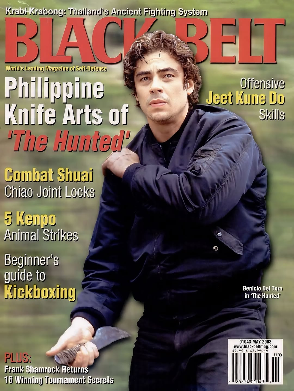 Man holding a knife on the cover of Black Belt magazine. Text highlights Philippine Knife Arts and Jeet Kune Do. Green background.